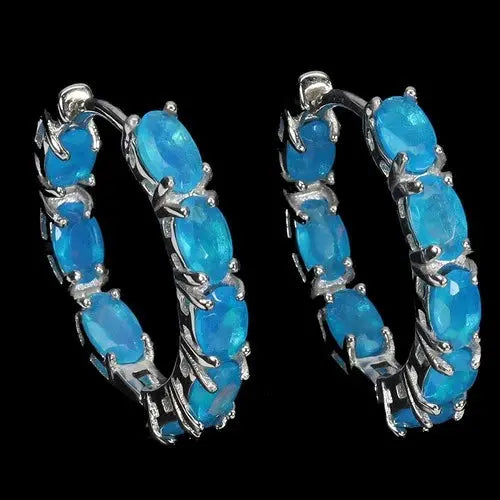 925 Sterling Silver Earrings Oval Blue Opal 5x3mm Natural Gemstone Jewelry ABC Jewelery