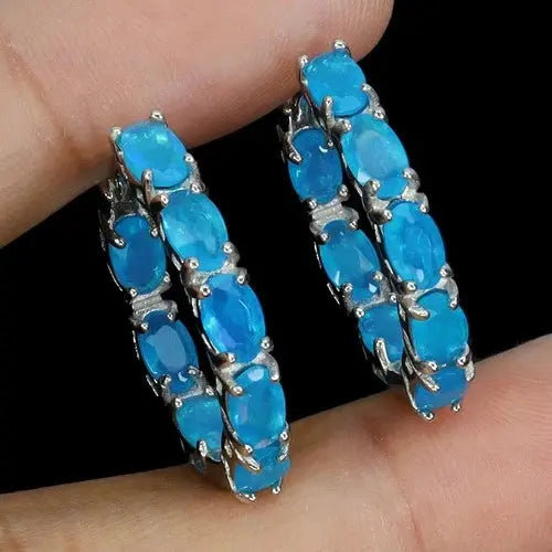 925 Sterling Silver Earrings Oval Blue Opal 5x3mm Natural Gemstone Jewelry ABC Jewelery