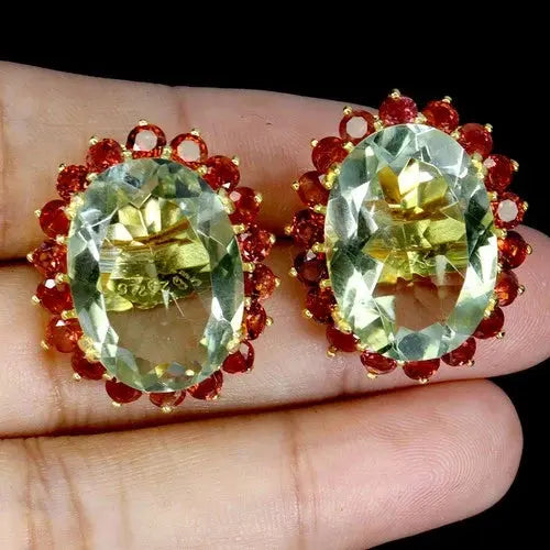 925 Sterling Silver Earrings Oval Green Amethyst 18x13mm Rhodolite Gemstone ABC Jewelery