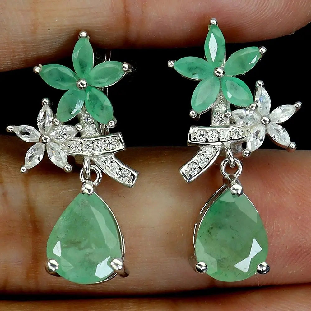 925 Sterling Silver Earrings Pear Emerald 9x7mm Natural Gemstone Jewelry ABC Jewelery