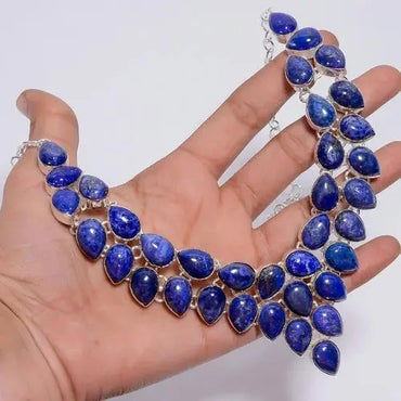 925 Sterling Silver Lapis Lazuli Gemstone Handmade Jewelry Necklace Size-18" ABC Jewelery
