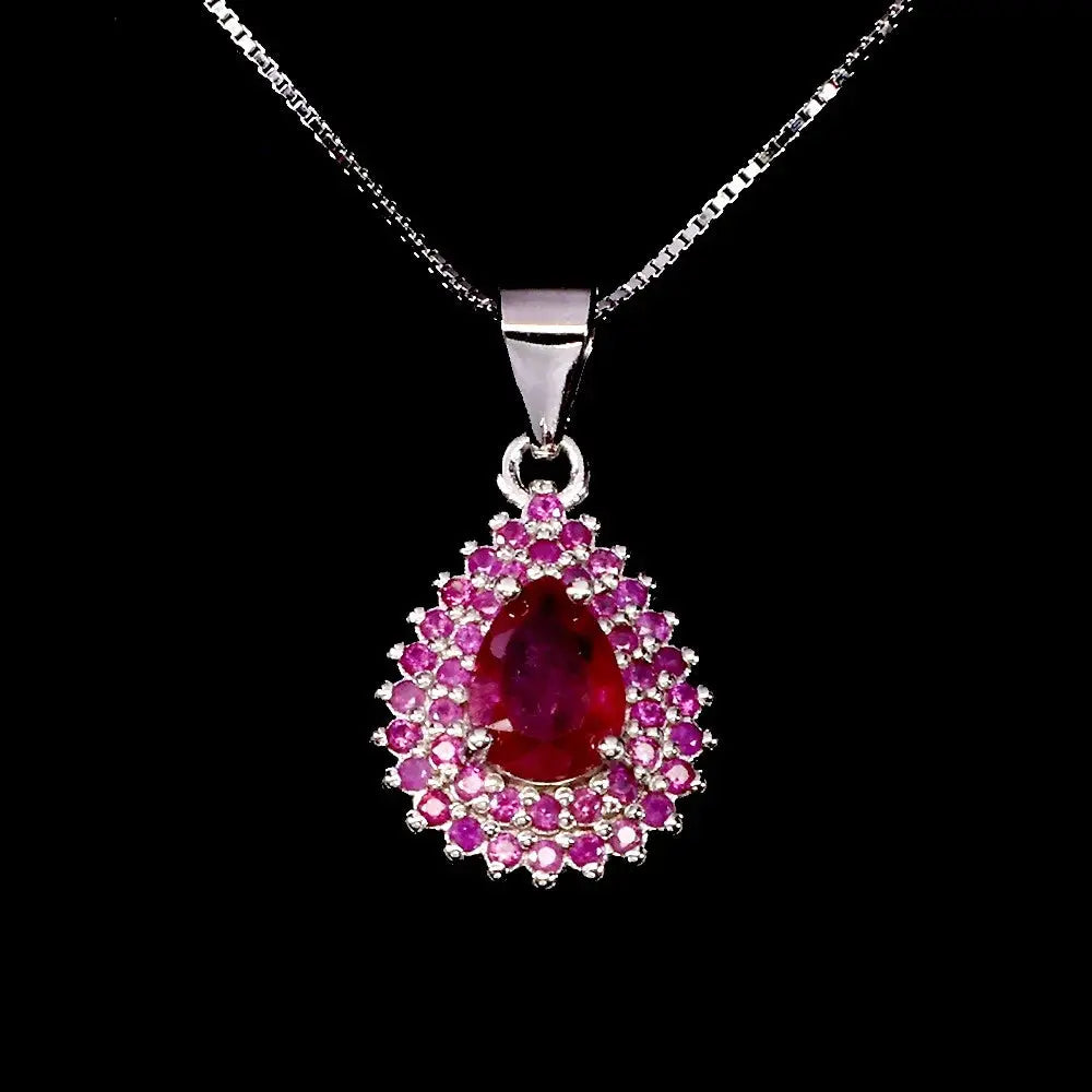 925 Sterling Silver Necklace Pear Ruby 7x5mm Natural Gemstone Jewelry 18inches ABC Jewelery