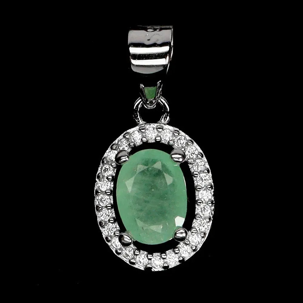 925 Sterling Silver Pendant Oval Emerald 7x5mm Natural Gemstone Jewelry ABC Jewelery