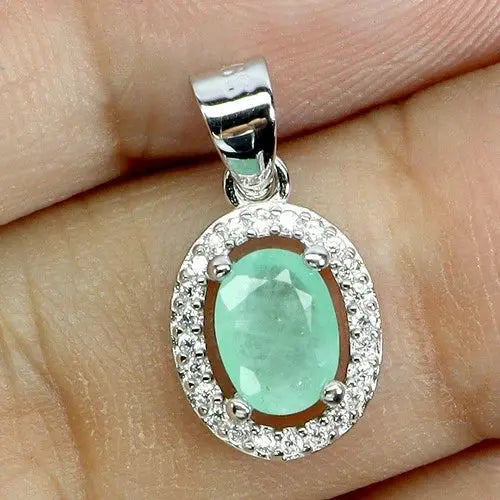 925 Sterling Silver Pendant Oval Emerald 7x5mm Natural Gemstone Jewelry ABC Jewelery