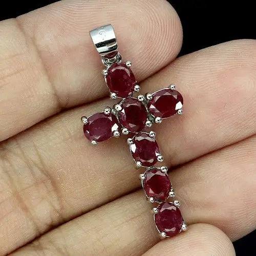 925 Sterling Silver Pendant Oval Ruby 5x4mm Cross Natural Gemstone Jewelry ABC Jewelery