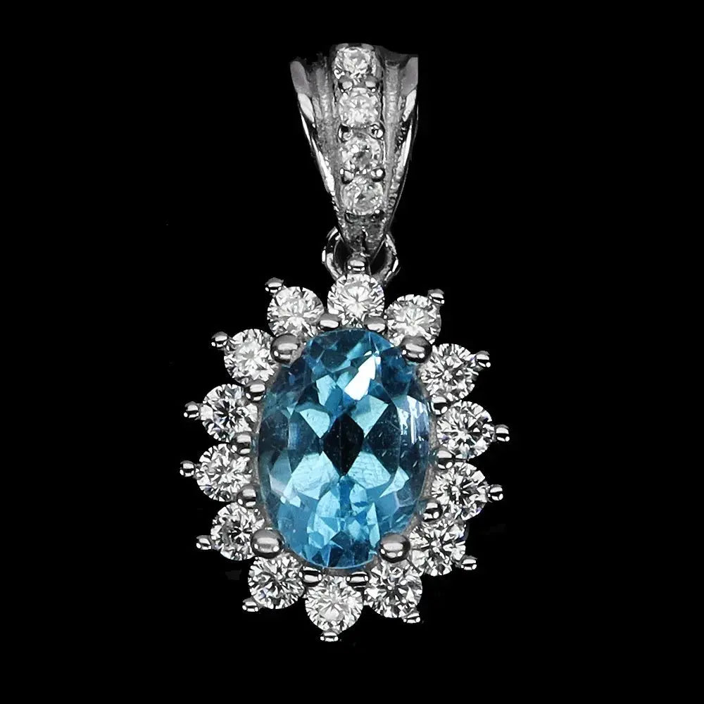 925 Sterling Silver Pendant Oval Swiss Blue Topaz 7x5mm Natural Gemstone Jewelry ABC Jewelery