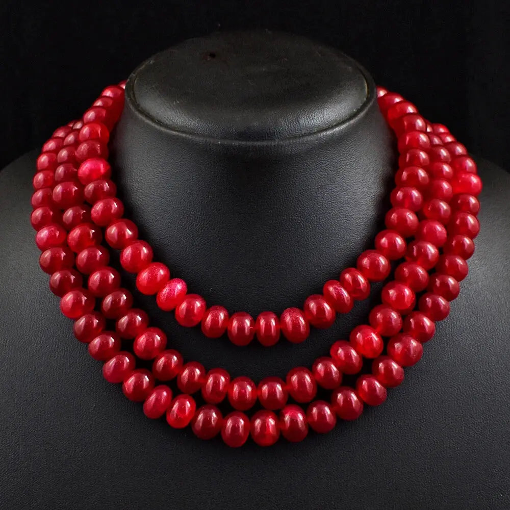 AAA+ Certified Quality 1140 Cts Earth Mined 3 Strand Red Ruby Round Shape Beads Necklace JK 42E384 ABC Jewelery