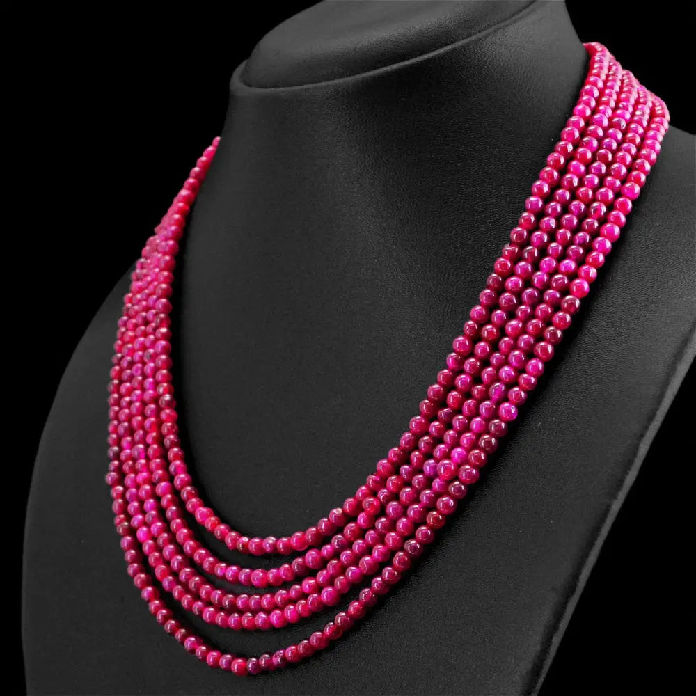 AAA+ Certified Quality 290.00 CTS EARTH MINED RED RUBY 5 STRAND ROUND BEADS HAND MADE NECKLACE (DG) ABC Jewelery