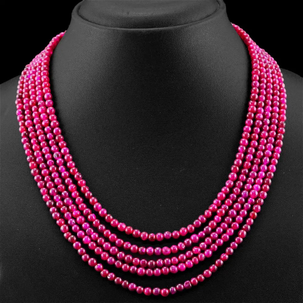 AAA+ Certified Quality 290.00 CTS EARTH MINED RED RUBY 5 STRAND ROUND BEADS HAND MADE NECKLACE (DG) ABC Jewelery