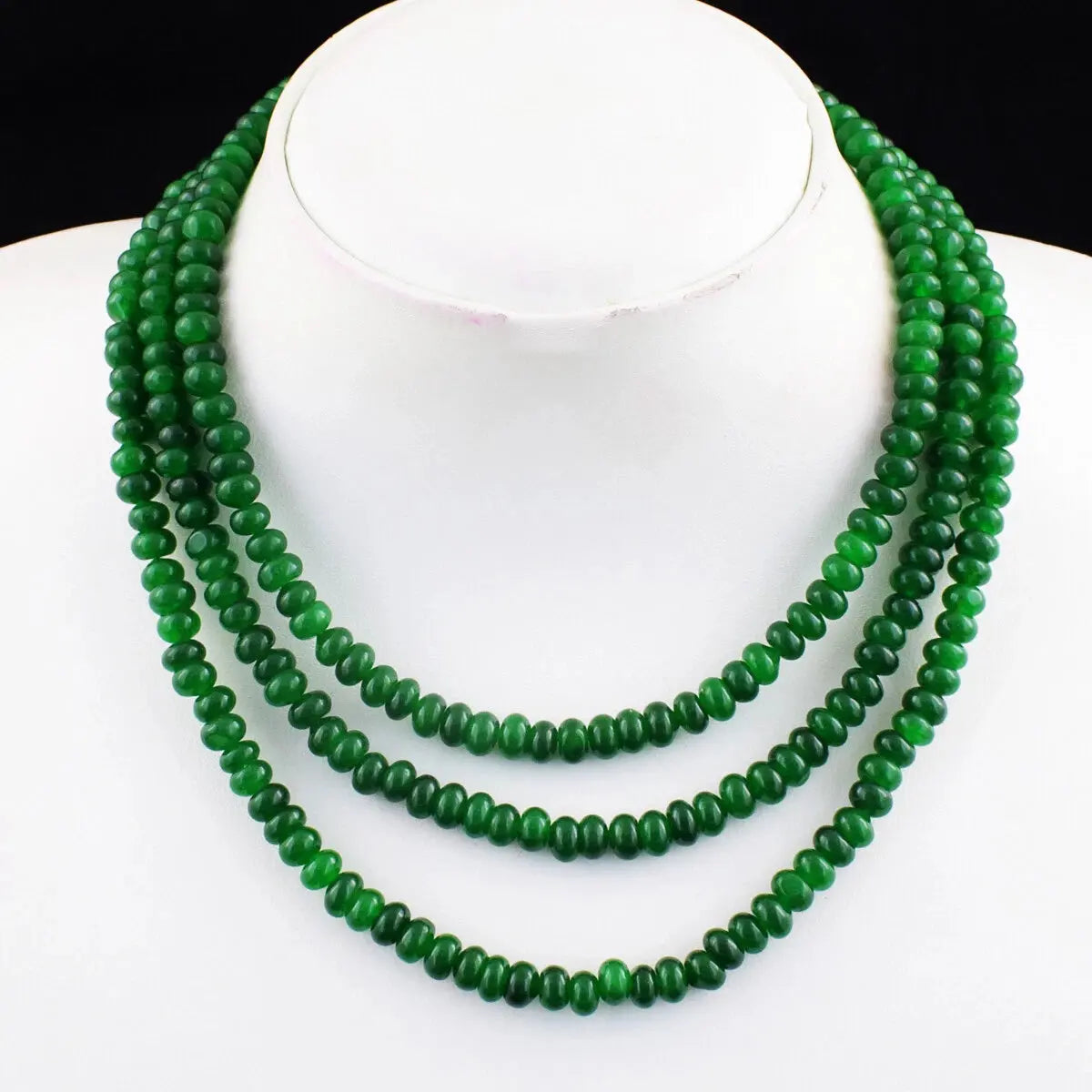 AAA+ Certified Quality 430 Cts 3 Line Enhanced Green Emerald Round Shape Beads Necklace AK 12 E440 ABC Jewelery