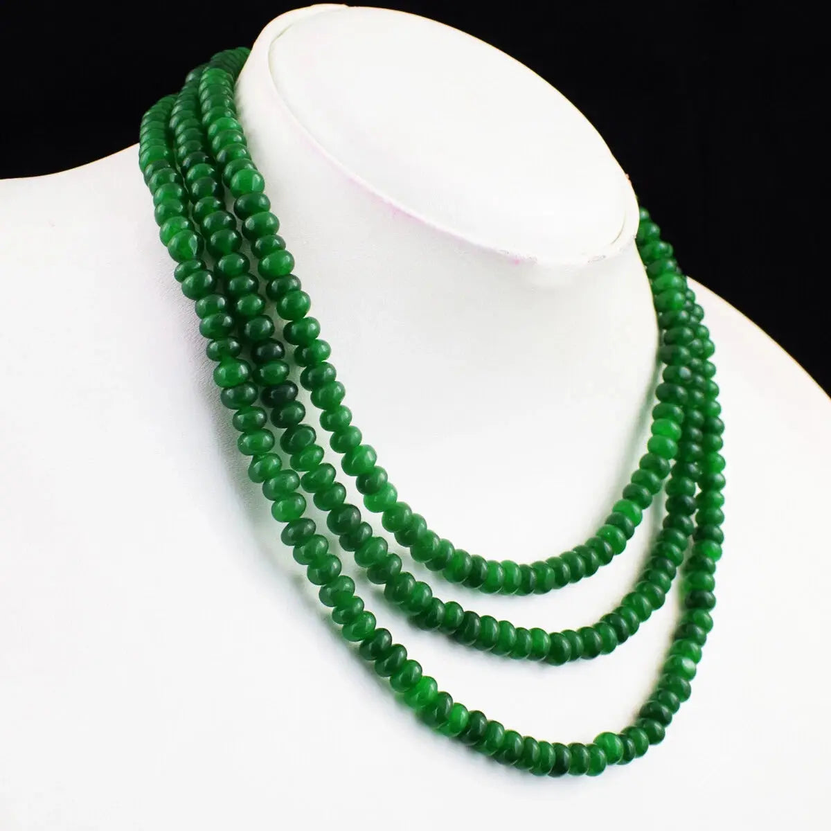 AAA+ Certified Quality 430 Cts 3 Line Enhanced Green Emerald Round Shape Beads Necklace AK 12 E440 ABC Jewelery