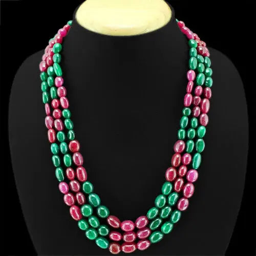AAA+ Certified Quality 436.00 CT EARTH MINED RED RUBY & GREEN EMERALD 3 LINE ROUND BEADS NECKLACE (RS) ABC Jewelery