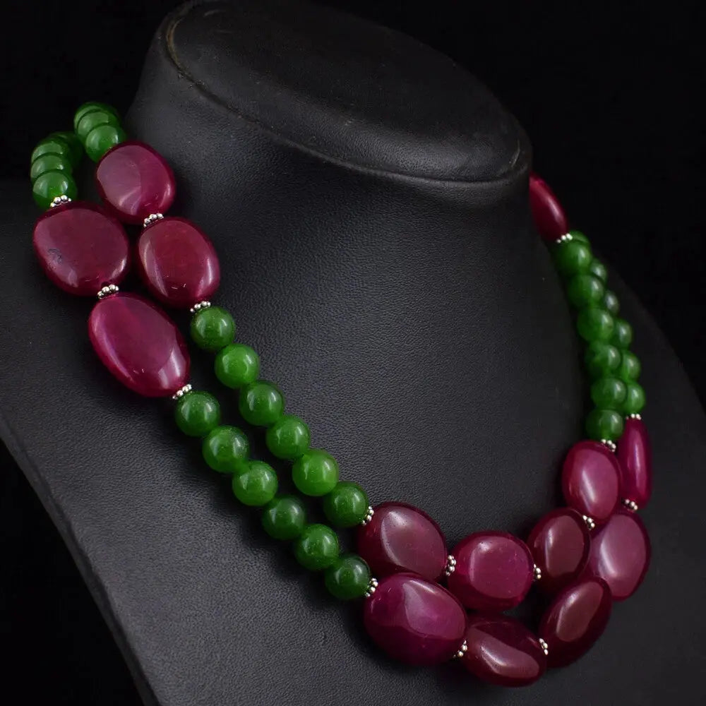 AAA+ Certified Quality 644 Cts Earth Mined 2 Strand Ruby & Jade Beads Womens Necklace Jewelry JK 13E387 ABC Jewelery