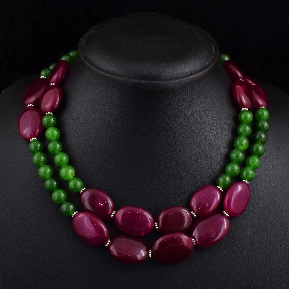AAA+ Certified Quality 644 Cts Earth Mined 2 Strand Ruby & Jade Beads Womens Necklace Jewelry JK 13E387 ABC Jewelery