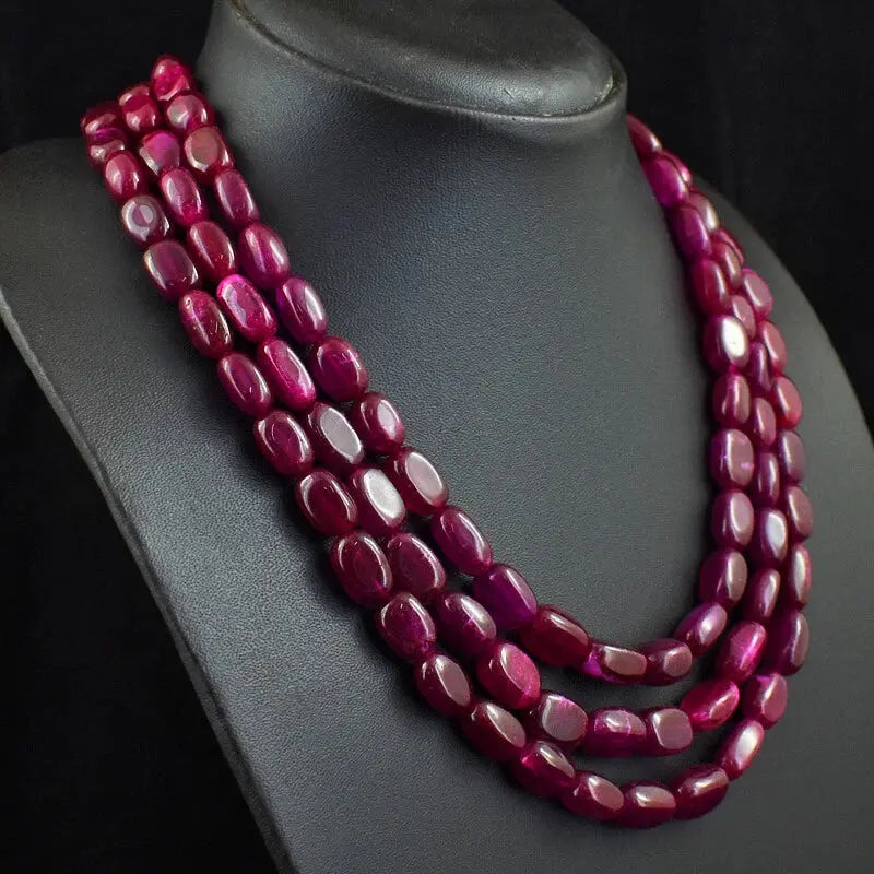 AAA+ Certified Quality 717 Cts Earth Mined 3 Strand Red Ruby Oval Shape Beads Womens Necklace JK 50E343 ABC Jewelery