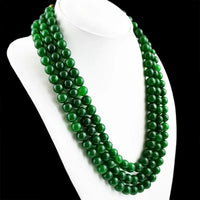 AAA+ Certified Quality 888.00 CTS EARTH MINED 3 STRAND ROUND ENHANCED GREEN EMERALD BEADS NECKLACE (RS) ABC Jewelery