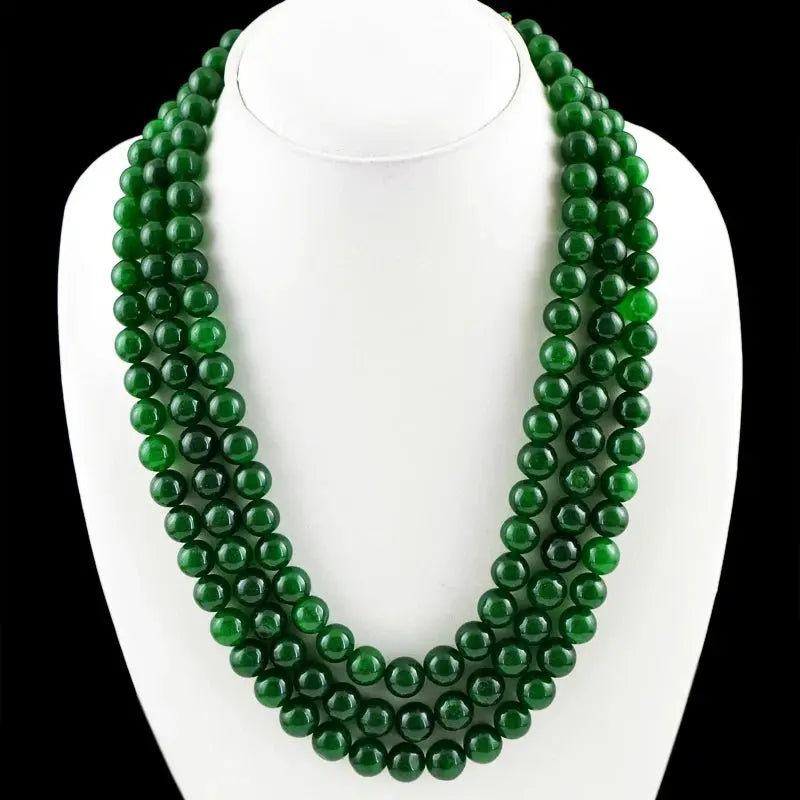 AAA+ Certified Quality 888.00 CTS EARTH MINED 3 STRAND ROUND ENHANCED GREEN EMERALD BEADS NECKLACE (RS) ABC Jewelery