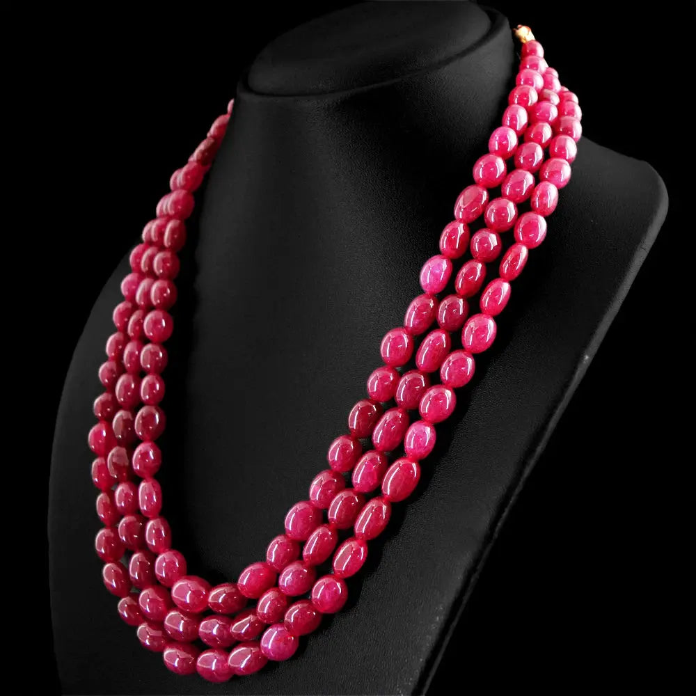 AAA+ Certified Quality AMAZING 622.00 CTS ENHANCED RUBY 3 STRAND OVAL SHAPE BEADS NECKLACE (DG) ABC Jewelery
