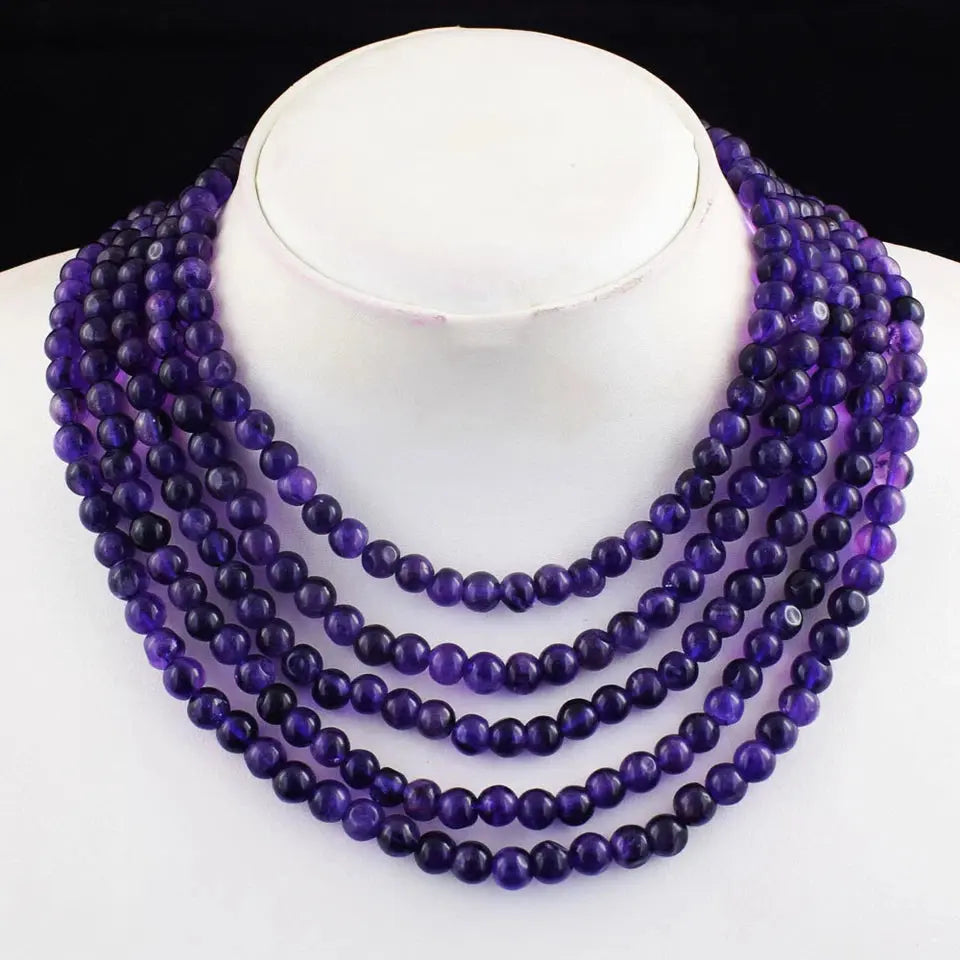 AAA+ Certified Quality Round Shape 803 Cts Earth Mined 5 Line Purple Amethyst Beaded Necklace SK 14E448 ABC Jewelery