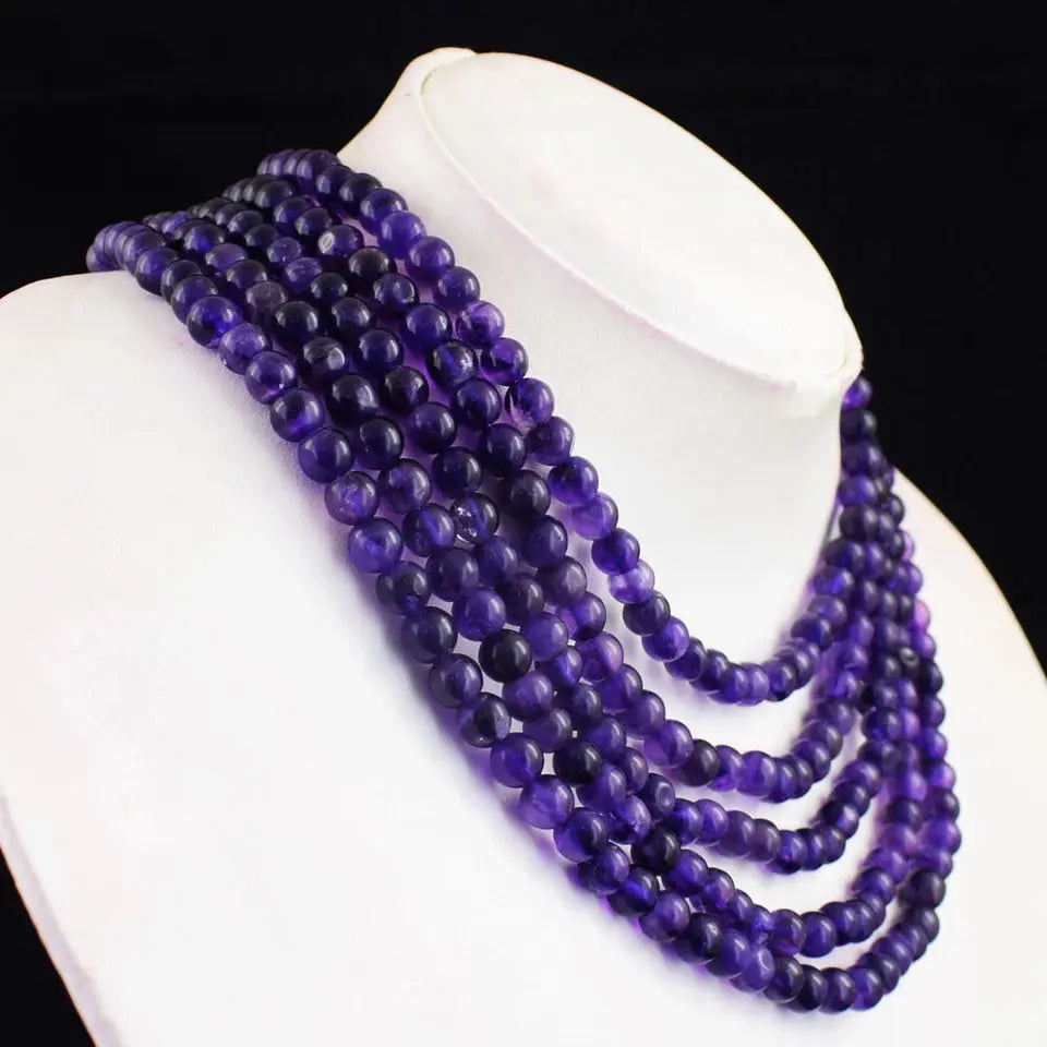 AAA+ Certified Quality Round Shape 803 Cts Earth Mined 5 Line Purple Amethyst Beaded Necklace SK 14E448 ABC Jewelery