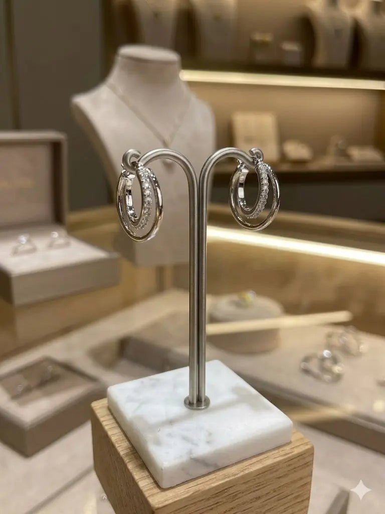 AAA+ Certified Quality, Crossed Double Ring Earrings, Silver - 925, Weight 6.1gm., Round Crystals Gemstone, CJABC-ote4237 