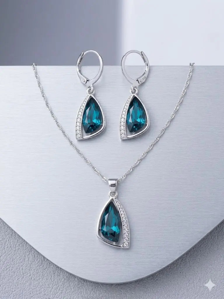 AAA+ Certified, Quality Silver - 925, Weight 9.4gm, Gem Deep Teal Australian Rhinestones( including Chain), ABC-S9406