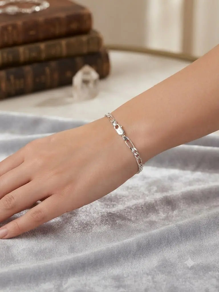 AAA+ Certified, Quality Sterling Silver-925, Bracelet Size 20 cm. 8” in., Style  Rhodium Plated-Fígaro, Weight 2.8 grams, ABC-MB241-3