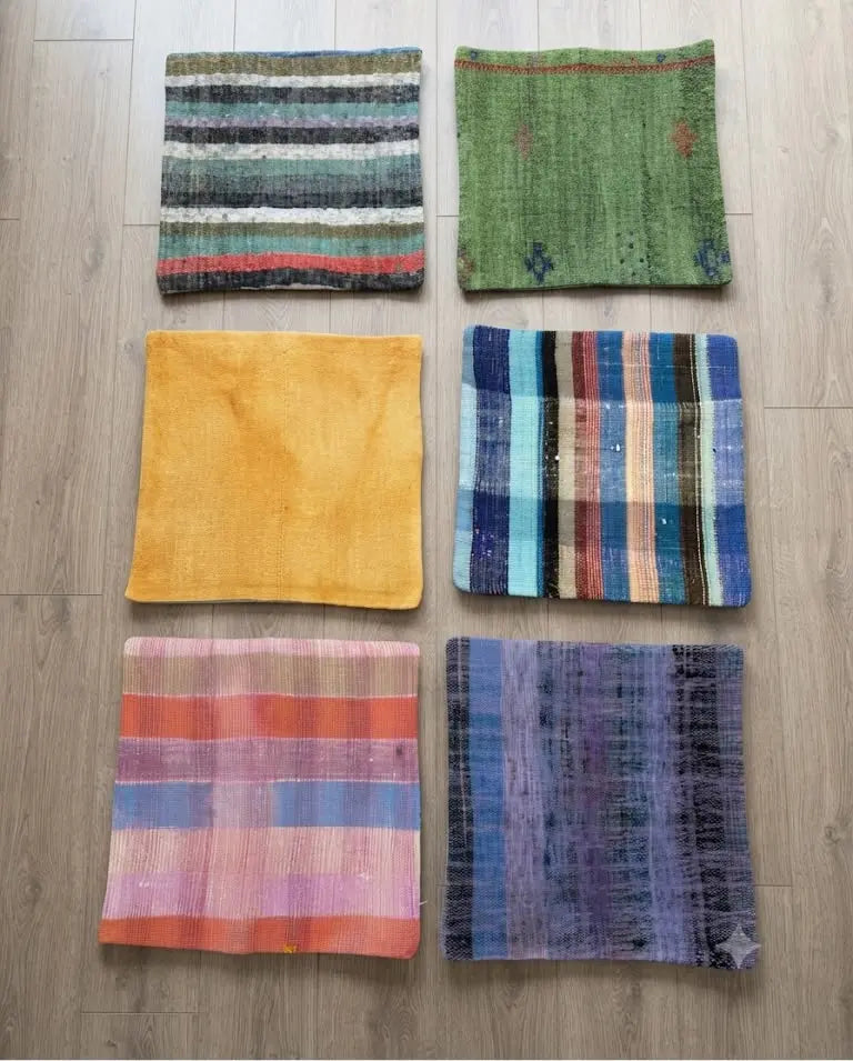 AAA+ Certified, Quantity 6 Empty Cushion Covers, Origen Turkey, Size 19” inches x 19” inches, Material Wool (Hand maid kilims ) backing cloth with zipper, ABC_PLW_17