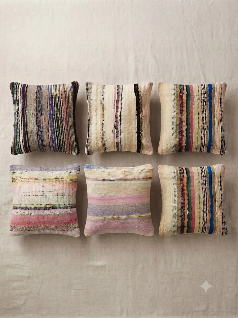 AAA+ Certified, Quantity 6 Empty Cushion Covers, Origen Turkey, Size 19” inches x 19” inches, Material Wool (Hand maid kilims ) backing cloth with zipper, ABC_PLW_2