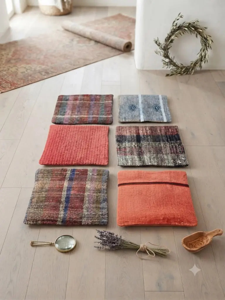 AAA+ Certified, Quantity 6 Empty Cushion Covers, Origen Turkey, Size 19” inches x 19” inches, Material Wool (Hand maid kilims ) backing cloth with zipper, ABC_PLW_8