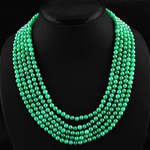 AAA+ Quality 522.95 CTS EARTH MINED RICH GREEN EMERALD 5 LINE ROUND BEADS NECKLACE - ON SALE ABC Jewelery
