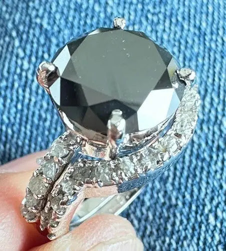 AAA+ Quality 5+Ct Black Real Moissanite & White Natural Raw Diamond Silver Bridal Ring Size 7 ABC Jewelery