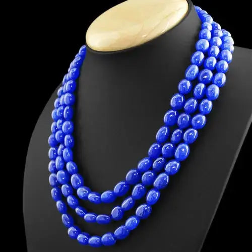 AAA+ Quality 612.50 CTS EARTH MINED 3 STRAND RICH BLUE SAPPHIRE OVAL SHAPE BEADS NECKLACE ABC Jewelery