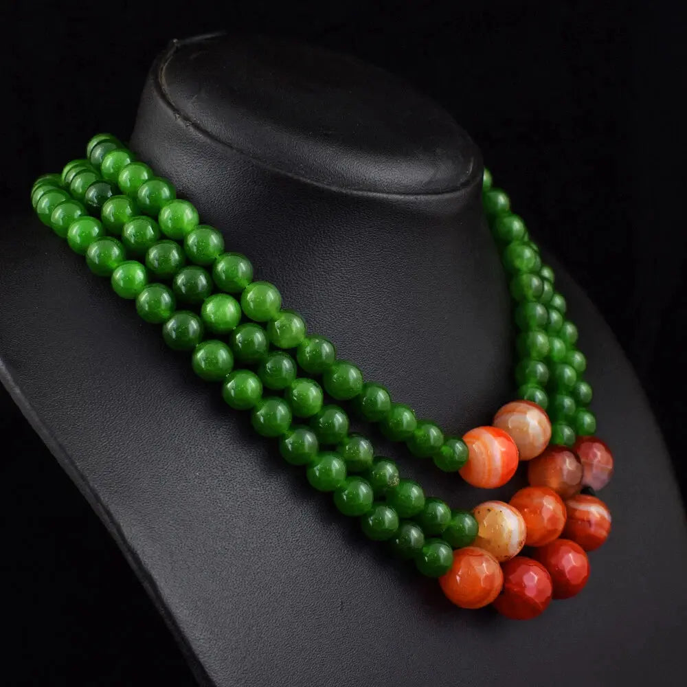 AAA+ Quality 784 Cts Natural 3 Strand Jade & Onyx Round Shape Beads Womens Necklace ABC Jewelery