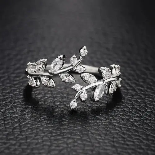 AAA+ Quality Women's Fashion Adjustable Ring Synthesis Zircon Leaf Shaped Open Ring ♪ ABC Jewelery
