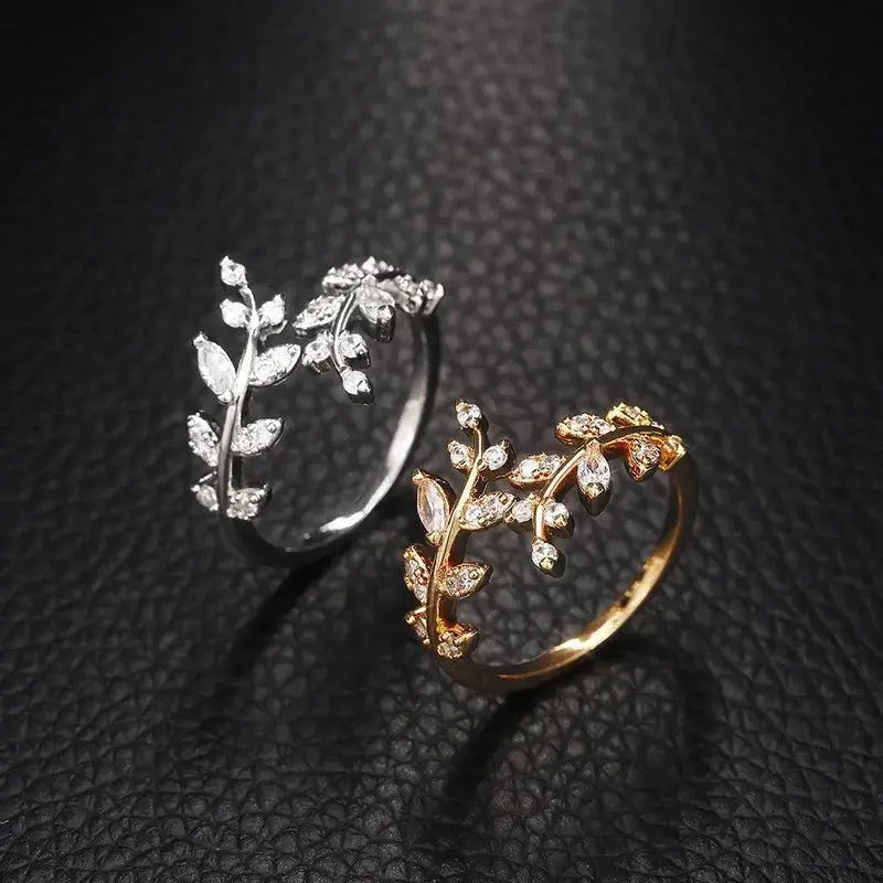 AAA+ Quality Women's Fashion Adjustable Ring Synthesis Zircon Leaf Shaped Open Ring ♪ ABC Jewelery