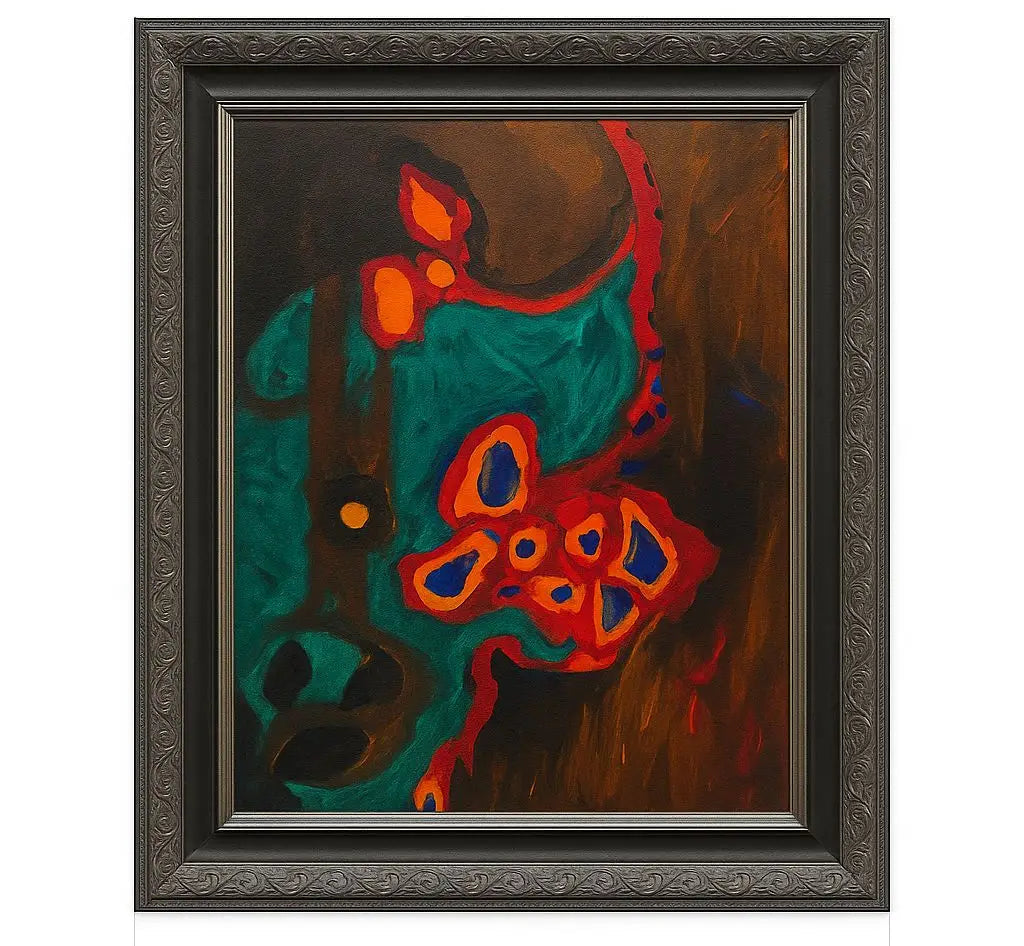 Oil painting of assorted fruit with a blue and white plate Approx. 19" x 23"