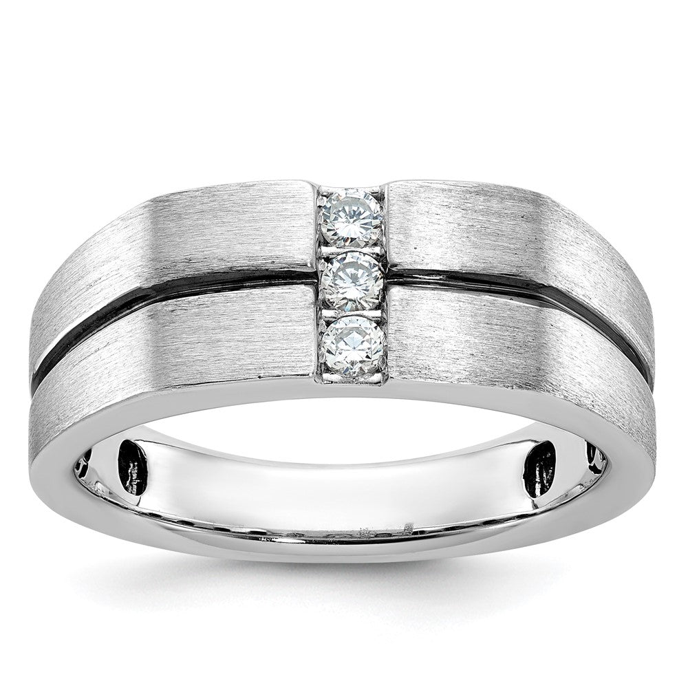 14k White Gold w/ Blck RH 1/5ct Lab Grown Dia VS/SI+ G+ 3 Stone Men's Ring