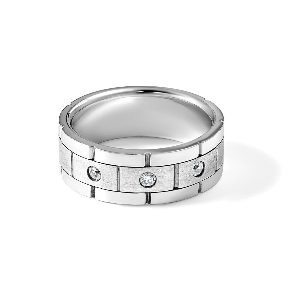 14k White Gold 3 Stone Polished Satin and Grooved Men's Ring Mounting
