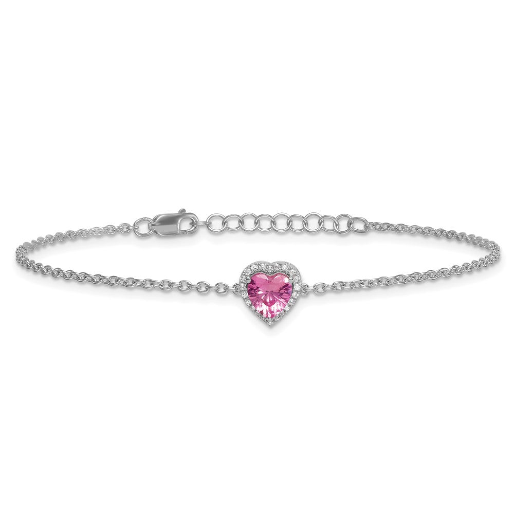 14kw 1/15ct Lab Grown Dia VS+ F+ & Pink Sapphire w/ 1in ext. Heart Bracelet