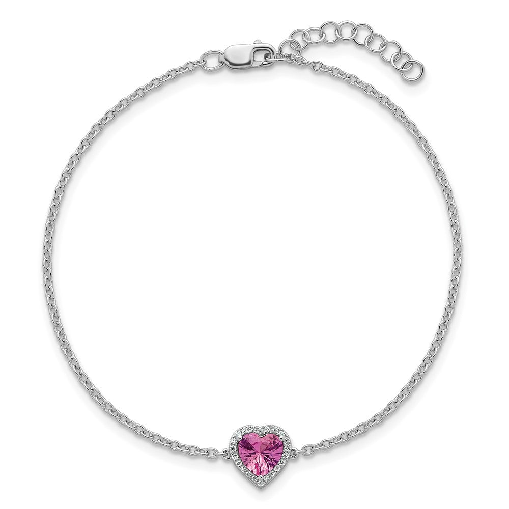 14kw 1/15ct Lab Grown Dia VS+ F+ & Pink Sapphire w/ 1in ext. Heart Bracelet