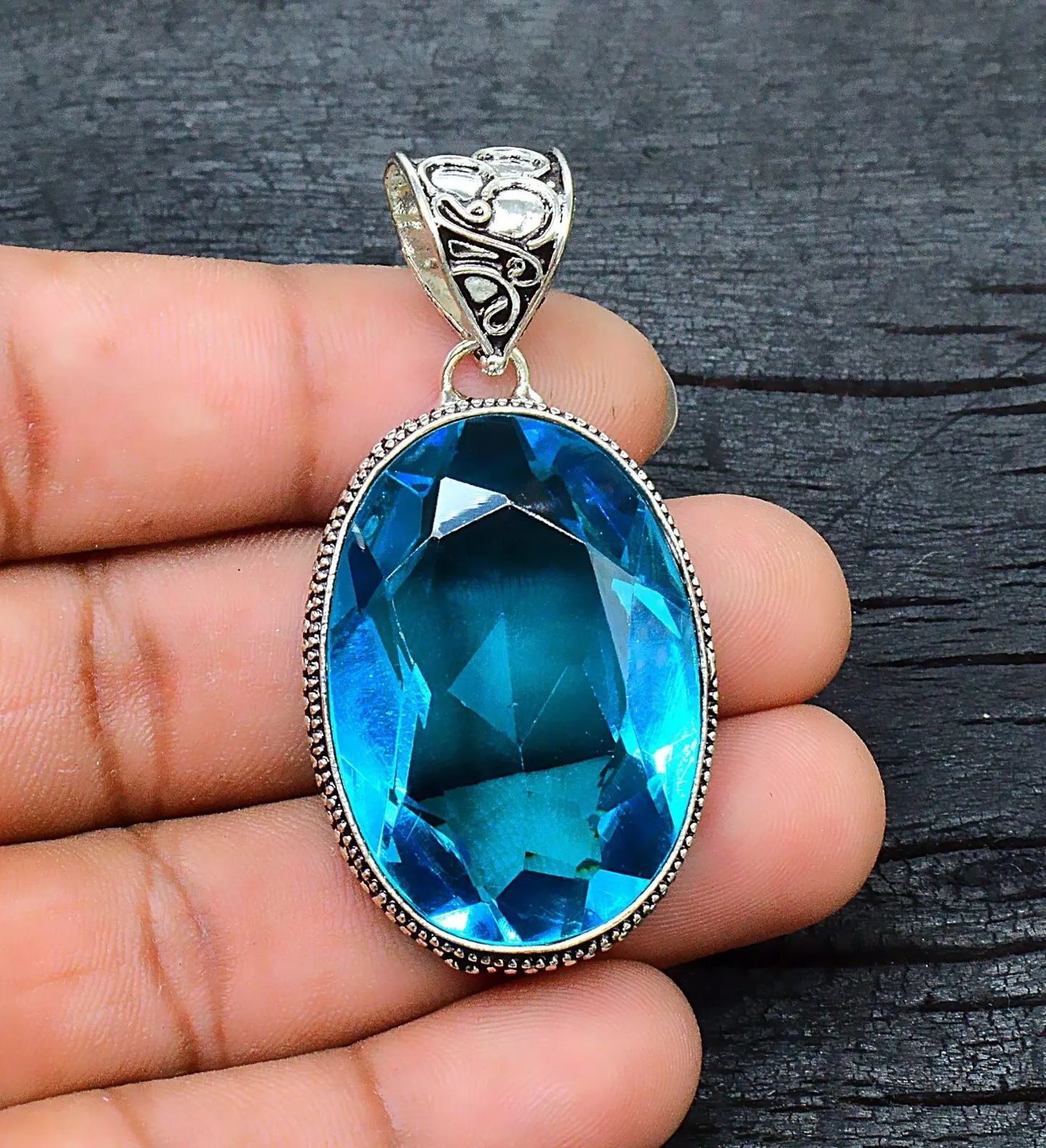 Blue Topaz Gemstone Handmade 925 Sterling Silver Jewelry Pendant Sz-2.2'' ABC Jewelery