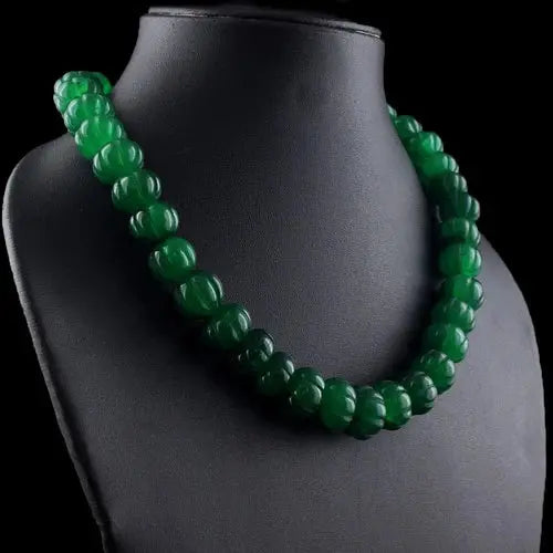 Carved 666.00 Cts Green Emerald Round Shape Beaded Necklace Jewelry ABC Jewelery