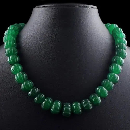 Carved 666.00 Cts Green Emerald Round Shape Beaded Necklace Jewelry ABC Jewelery