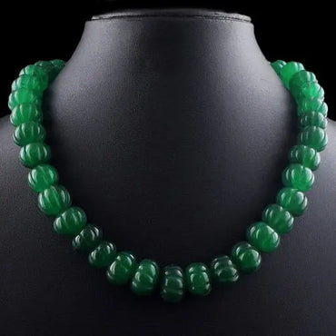 Carved 666.00 Cts Green Emerald Round Shape Beaded Necklace Jewelry ABC Jewelery