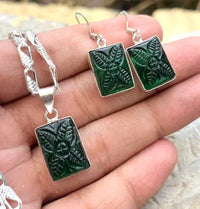 Carved Green Quartz 925 Silver Plated Handmade necklace & Earrings Set of 10" ABC Jewelery