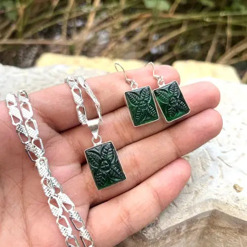 Carved Green Quartz 925 Silver Plated Handmade necklace & Earrings Set of 10" ABC Jewelery