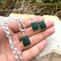 Carved Green Quartz 925 Silver Plated Handmade necklace & Earrings Set of 10" ABC Jewelery