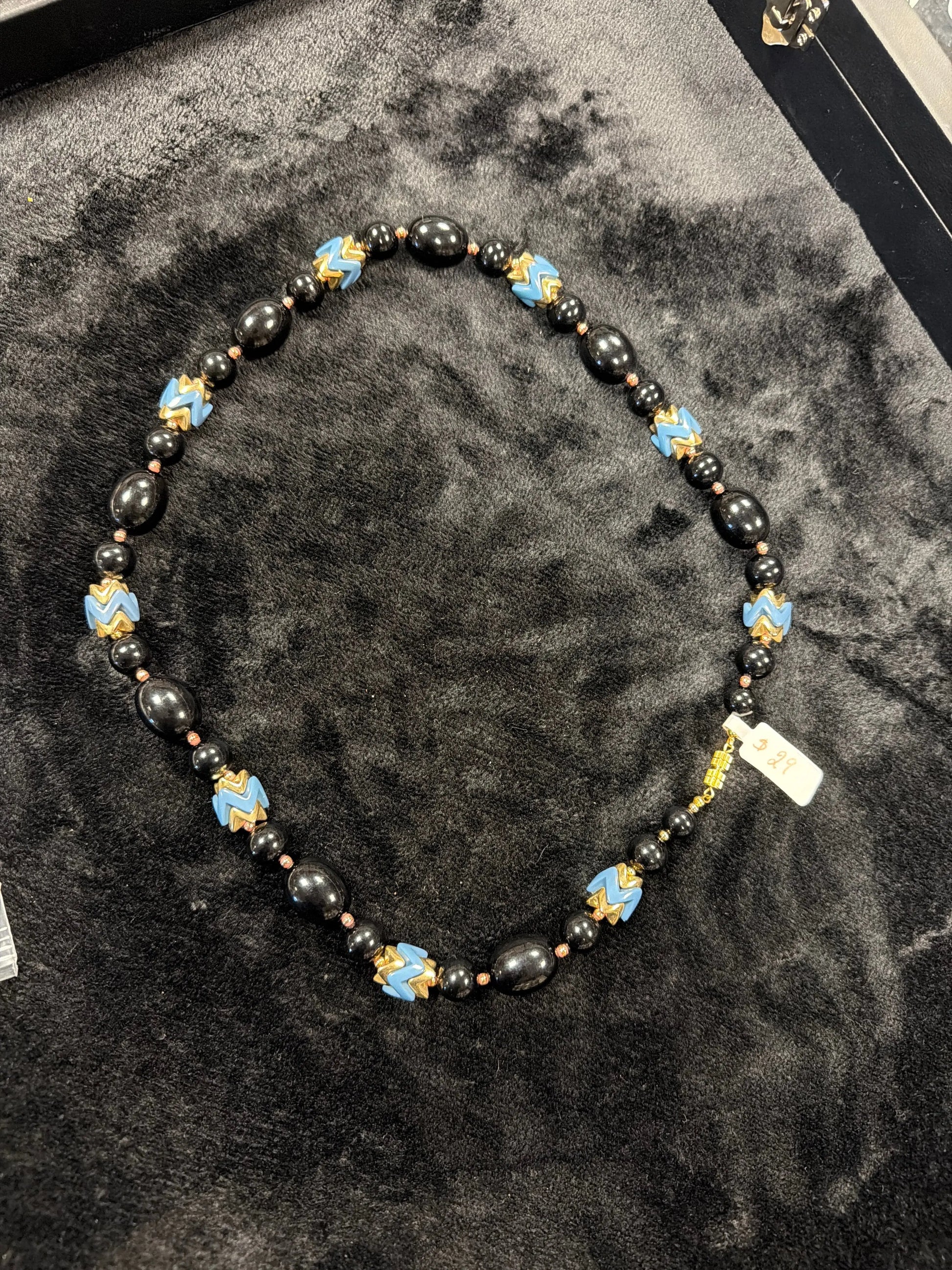 Chevron Glass & Onyx Necklace 18" Length ABC Rugs Kilims