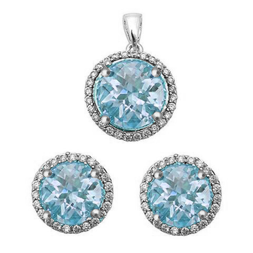 Halo Simulated Aquamarine .925 Sterling Silver Earrings & Pendant Set ABC Rugs Kilims